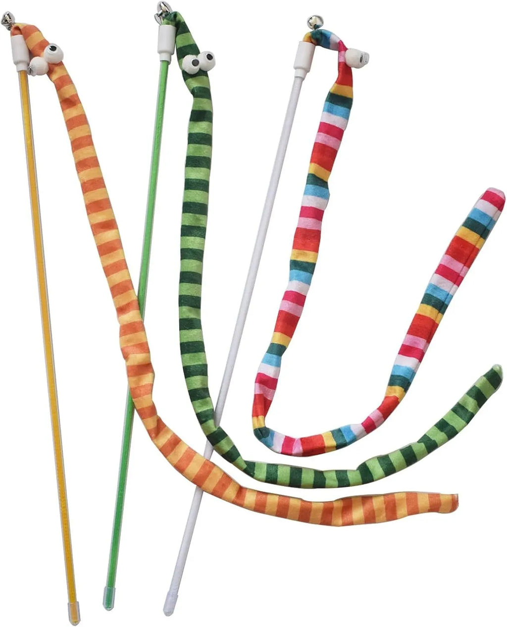 Cat wand toy with a polycarbonate pole and a long colourful plush strip with a bell, held in a person's hand.