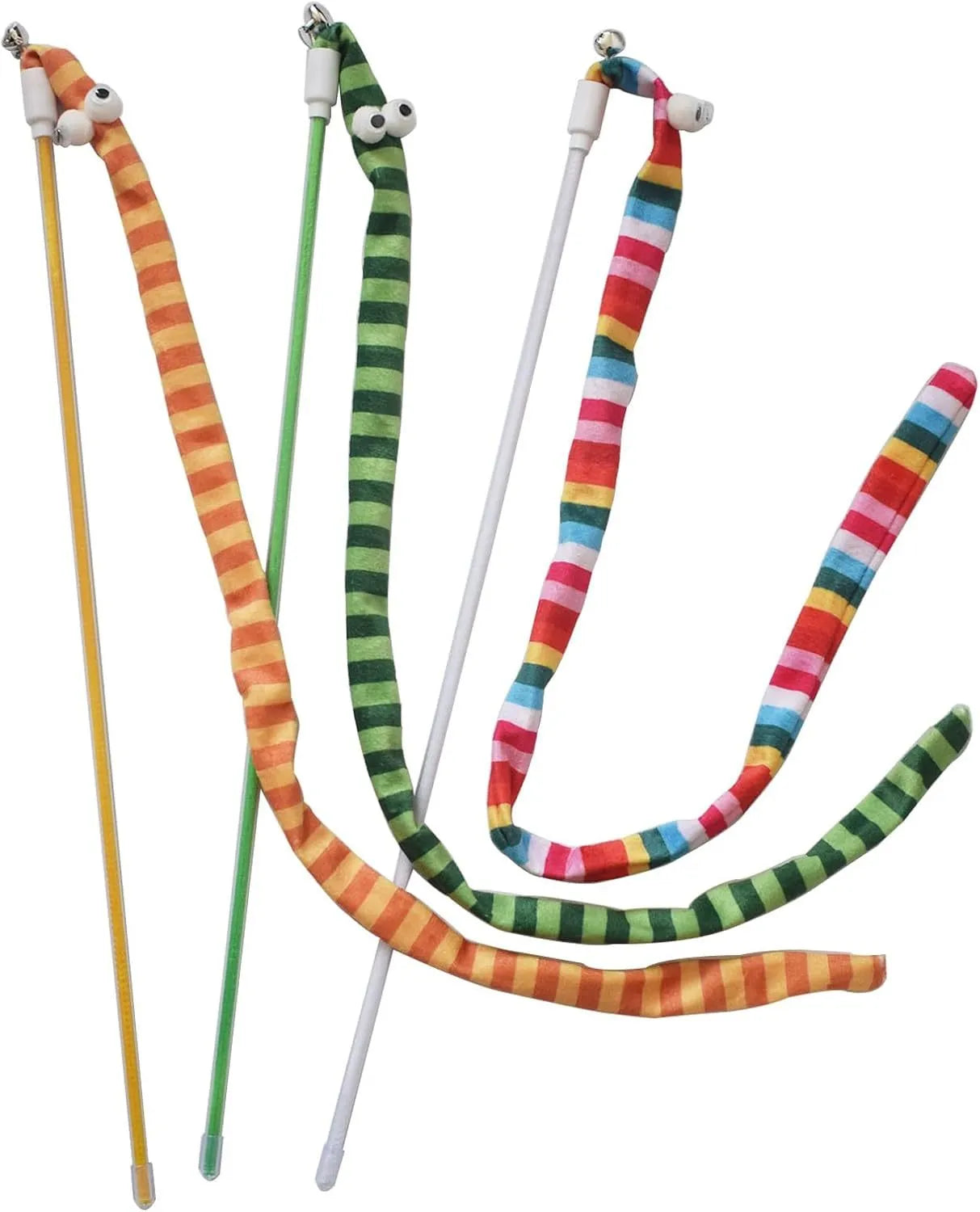 Cat wand toy with a polycarbonate pole and a long colourful plush strip with a bell, held in a person's hand.
