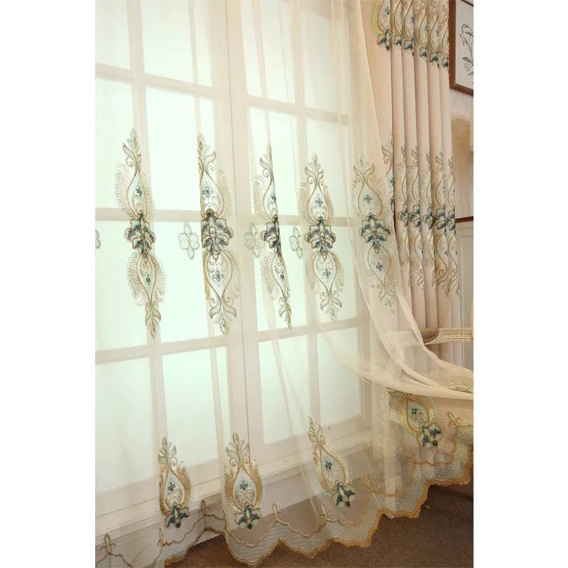 Slub cotton embroidery curtain fabric in beige with flat embroidery, high shading, modern simple style