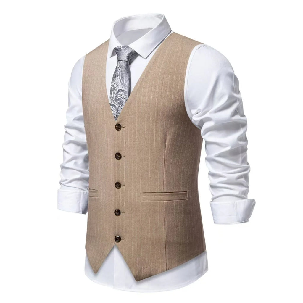 Men's striped suit vest in polyester with non-ironing fabric, shown in a red striped colour option.