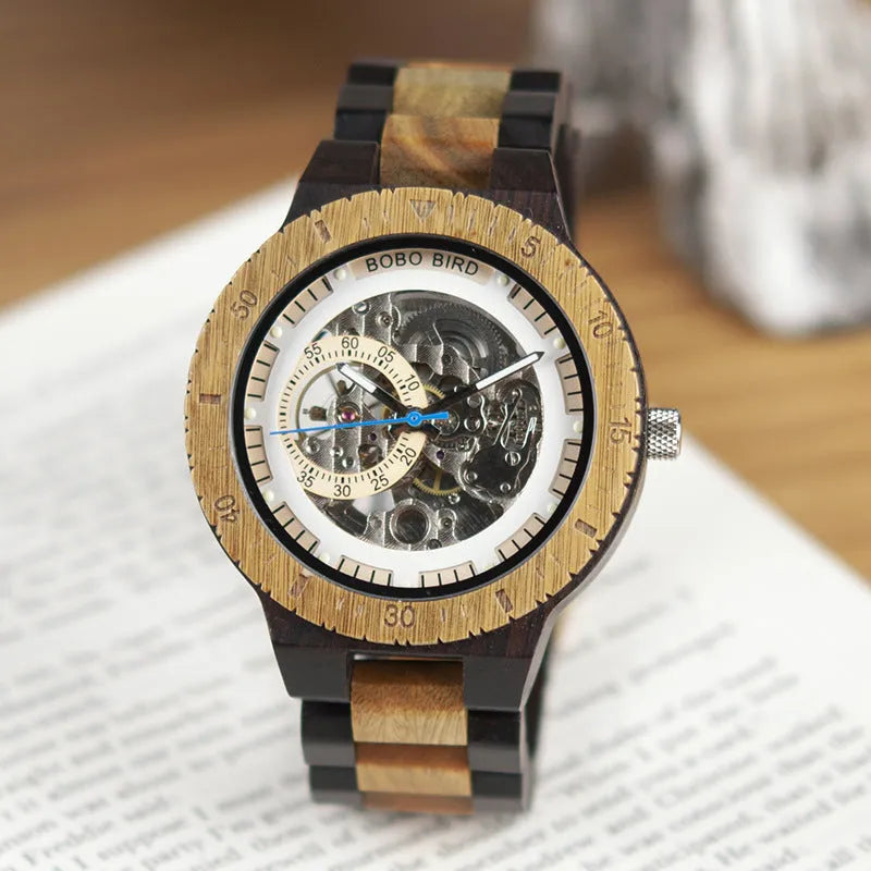 BOBO BIRD W-R05 brown automatic mechanical wood watch for men with 47.9mm wood bezel