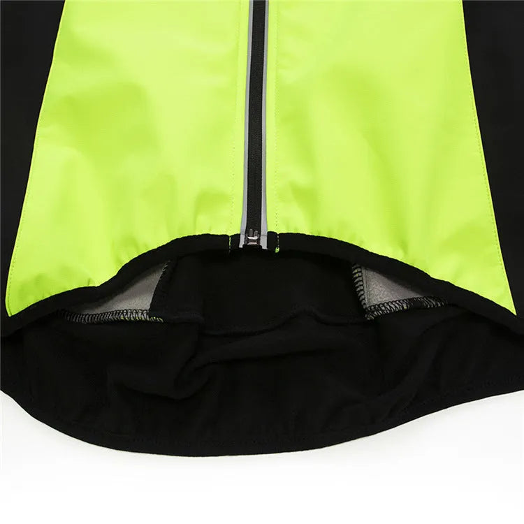 Unisex soft shell thermal fleece cycling jacket in black with green, side view