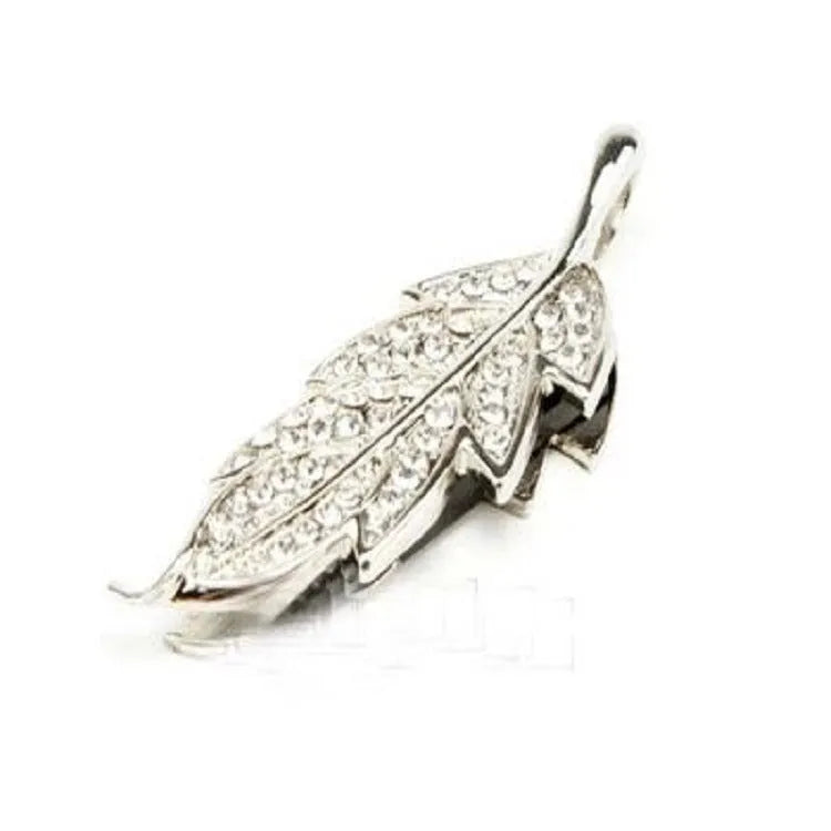 Silver metal USB flash drive with crystal jewellery leaf maple leaf design showing dimensions