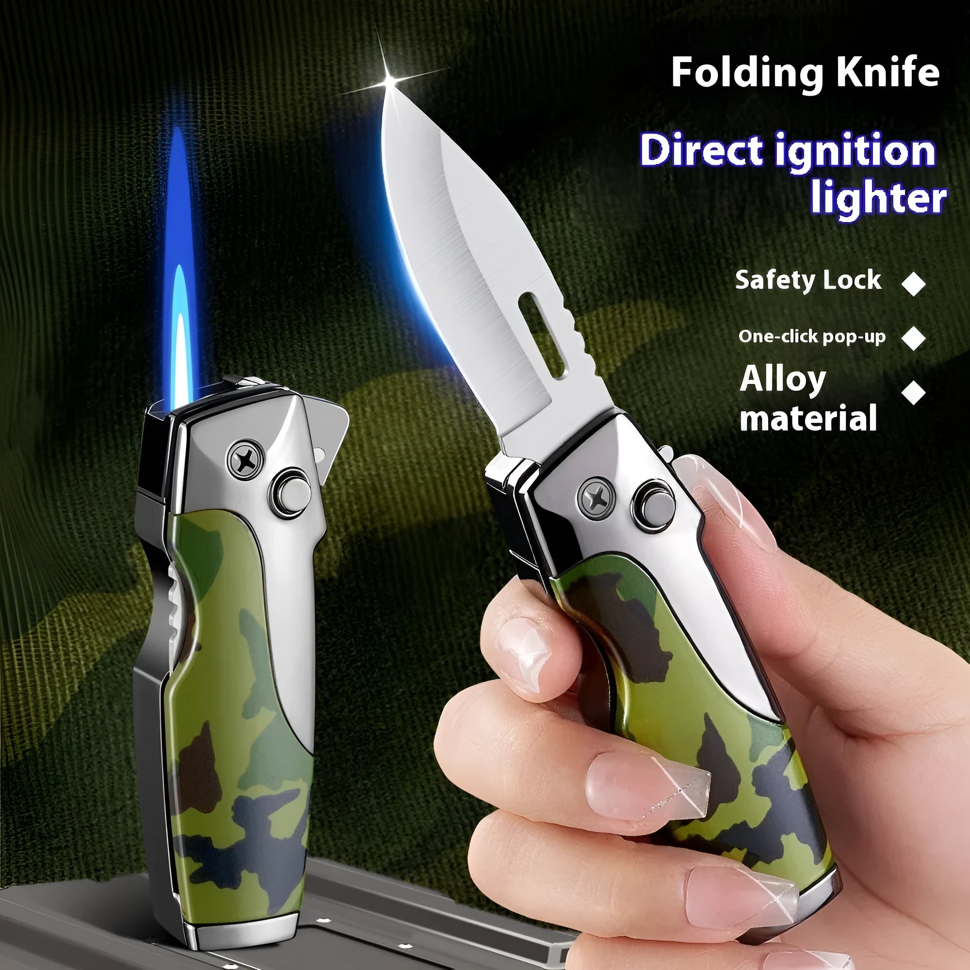 Zinc alloy metal folding lighter with jet flame and knife blade in black brown wood finish
