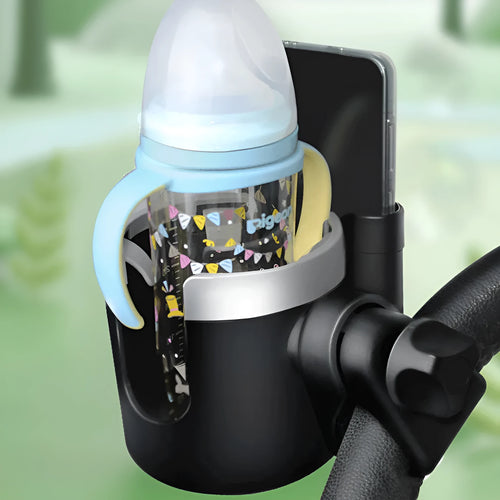 2-in-1 baby stroller cup holder in black and gray silicone and ABS material on handlebars