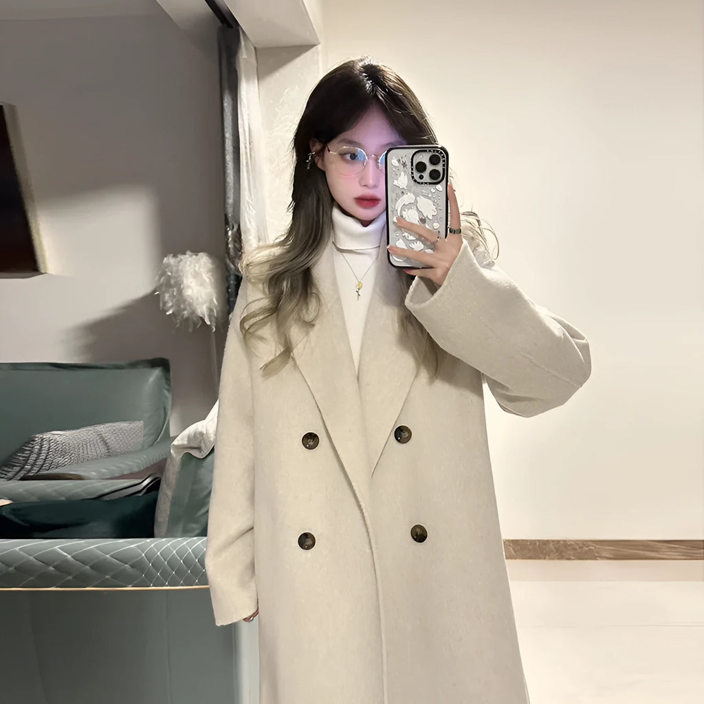 Retro patchwork women's wool coat in oatmeal colour, knee-length, loose fit, long sleeves