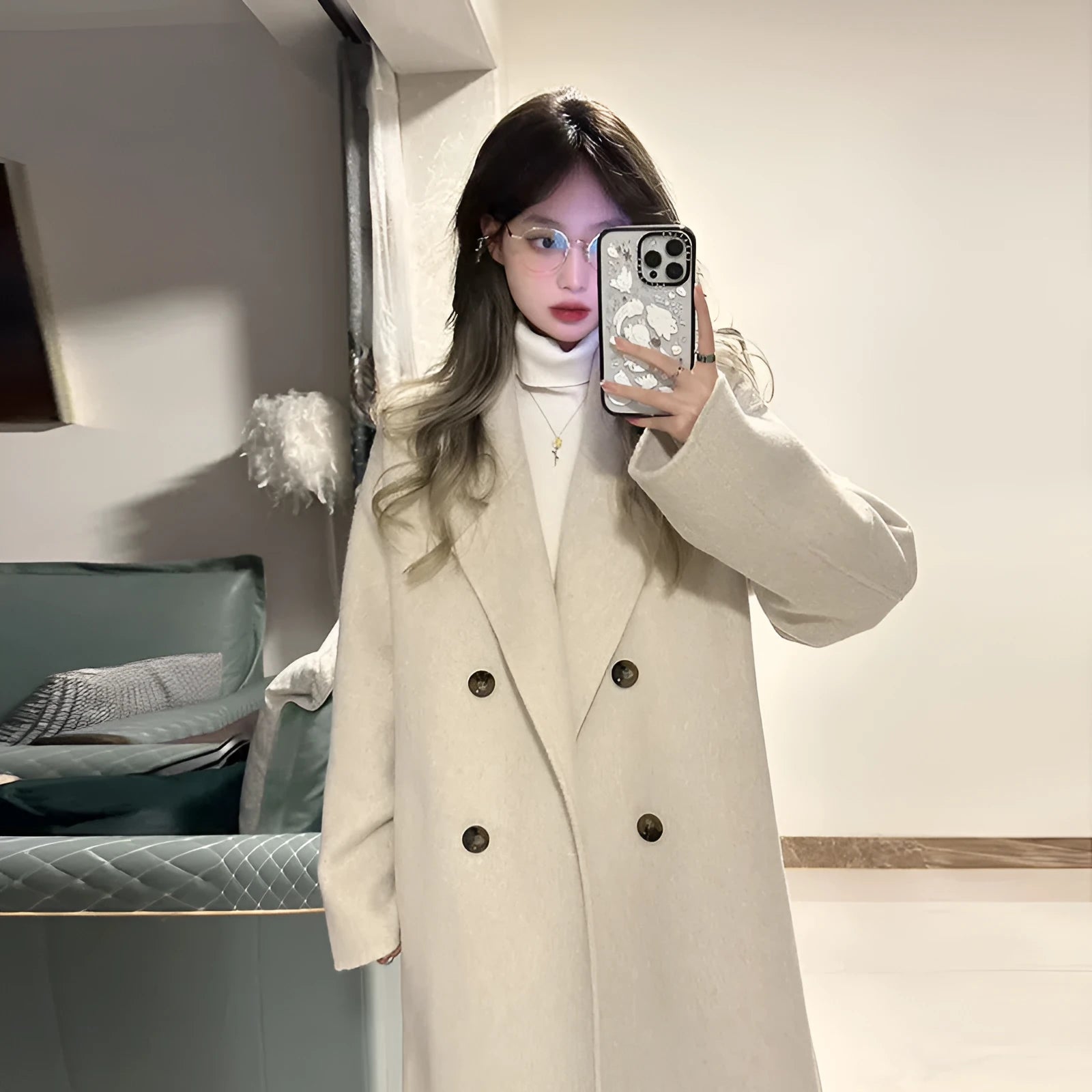 Retro patchwork women's wool coat in oatmeal colour, knee-length, loose fit, long sleeves