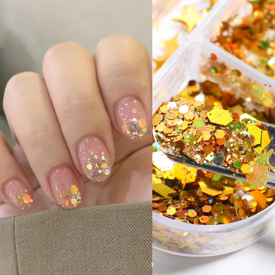 Gold and silver laser irregular nail glitter sequins in a six-grid box with 8g net content for nail art