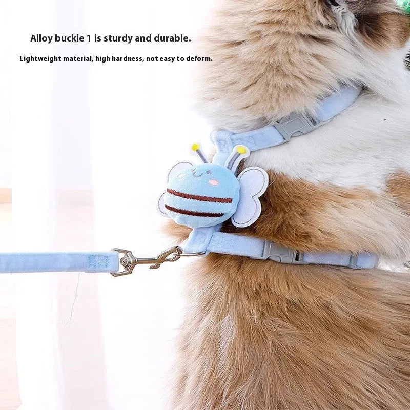 Bee-shaped adjustable cat harness and leash set in blue colour with matching hand-held rope