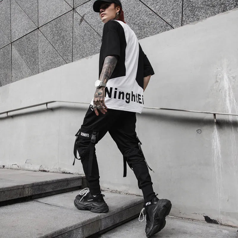 Men's black casual cone-type hip hop trousers, mid-waist, no belt, Asian sizing M-2XL