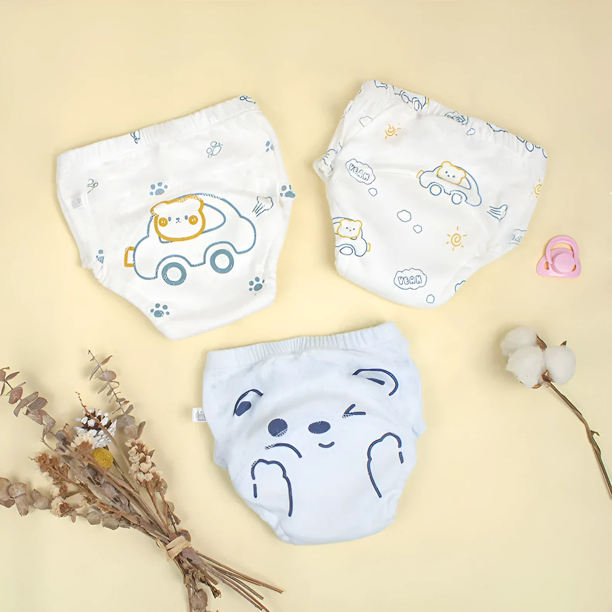 Reusable pure cotton cloth diaper with waterproof layer in bear and strawberry rabbit prints, sizes 90 to 110