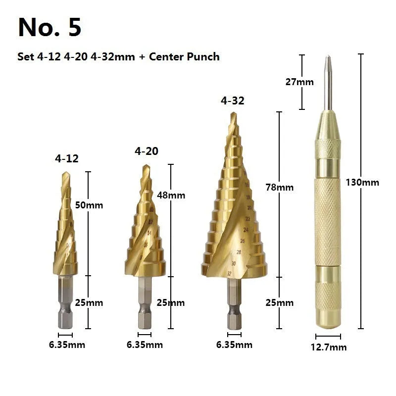 Cone drill bit punch set with high speed steel step drills and centre punch for metalworking applications