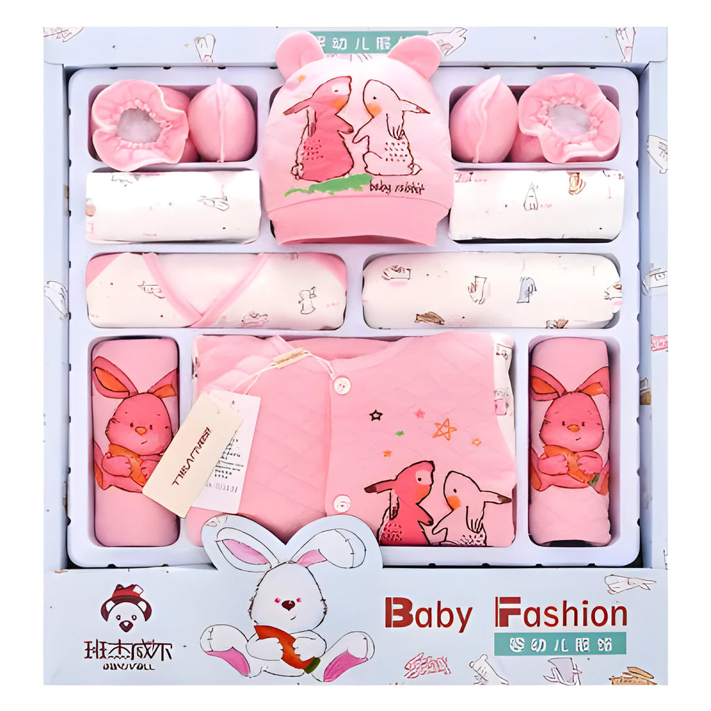 Newborn padded baby clothes multi-piece set in Thickened Radish Rabbit A Pink cotton fabric