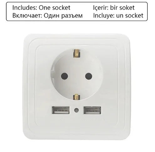 White smart home dual USB wall charger adapter with EU power socket and LED indicator on a panel