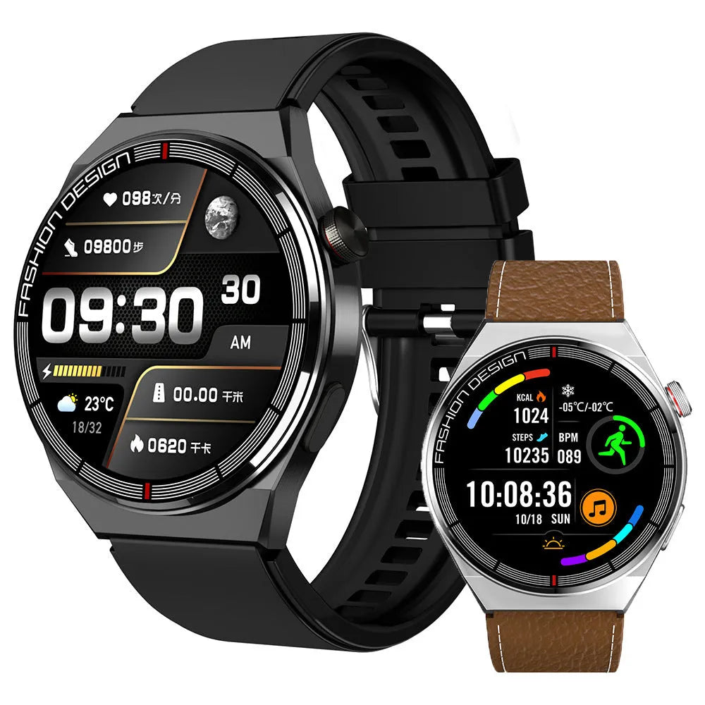 Black Bluetooth smartwatch with 1.28 inch screen on a silicone strap, showing heart rate display