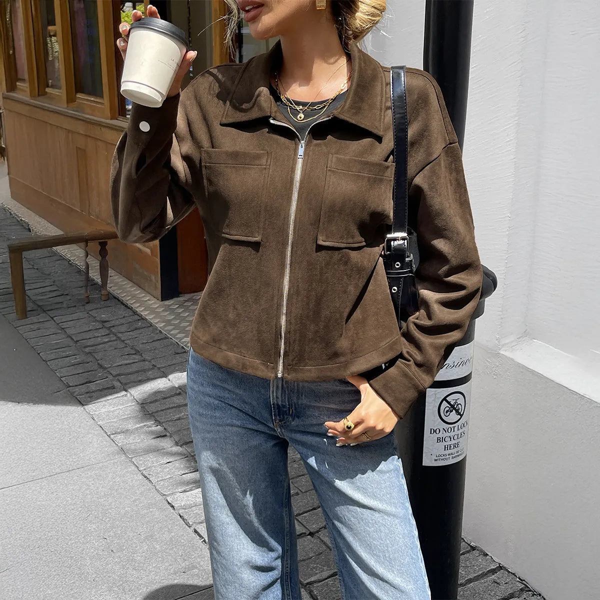 Women's Brown turn-down collar long sleeve jacket coat with regular sleeves, available in sizes S to XL.