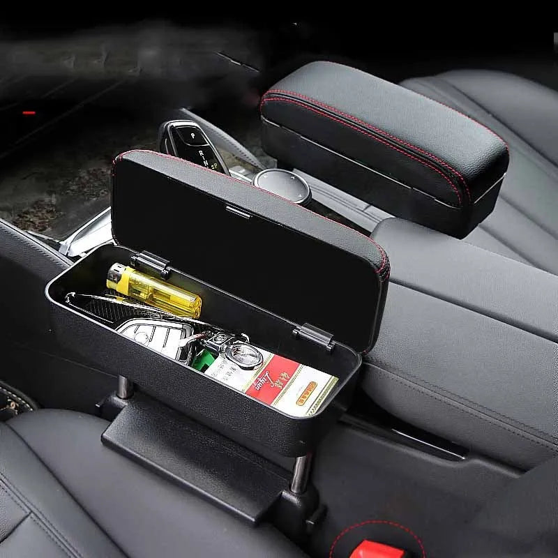 Universal central lifting seat storage box in leather, middle seat armrest box, 28.5 x 23.5 x 20.5 cm, beige or black option