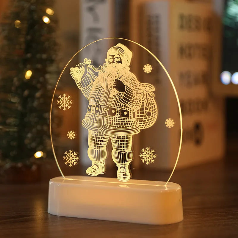 Warm white LED Christmas decoration light with 3D Santa Claus and tree design, battery or USB powered, 17.2cm x 13cm.