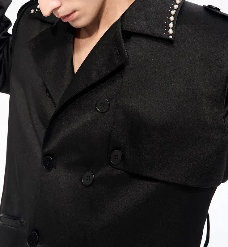 Black padded trench coat medium length cotton polyester blend front view