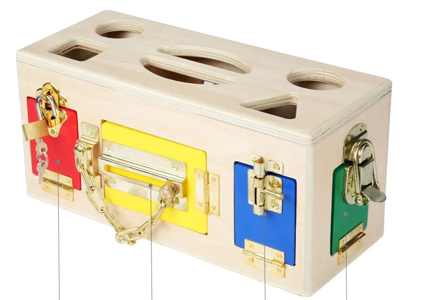Wooden shape lock box educational toy with 12 pieces for preschool learning