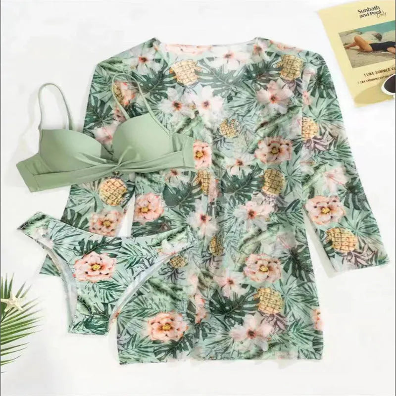 European and American three-piece swimsuit set with black flower print blouse and pants