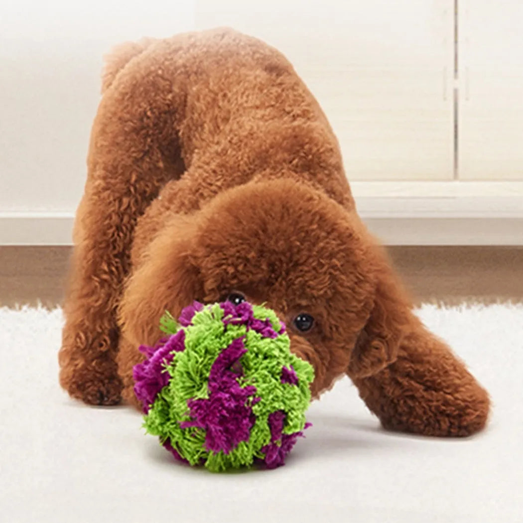 Purple plush dog chew toy with seaweed ball knot design measuring 15cm diameter