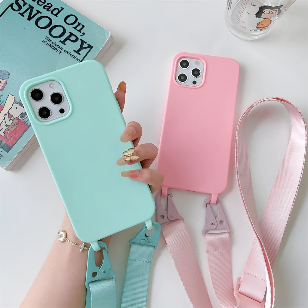 TPU lanyard phone case with dark red ribbon for iPhone 15 showing drop protection fit