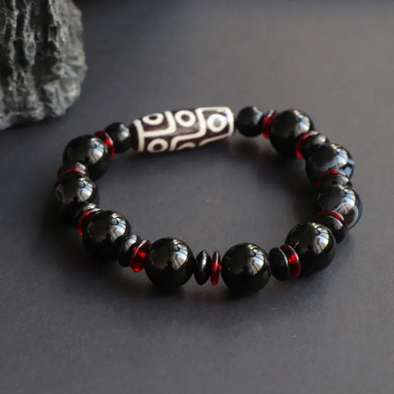 Black agate dzi bead bracelet with geometric 11mm chalcedony beads
