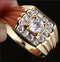 Gold copper ring with round zircon micro inlay, geometric wide surface design, size No 8