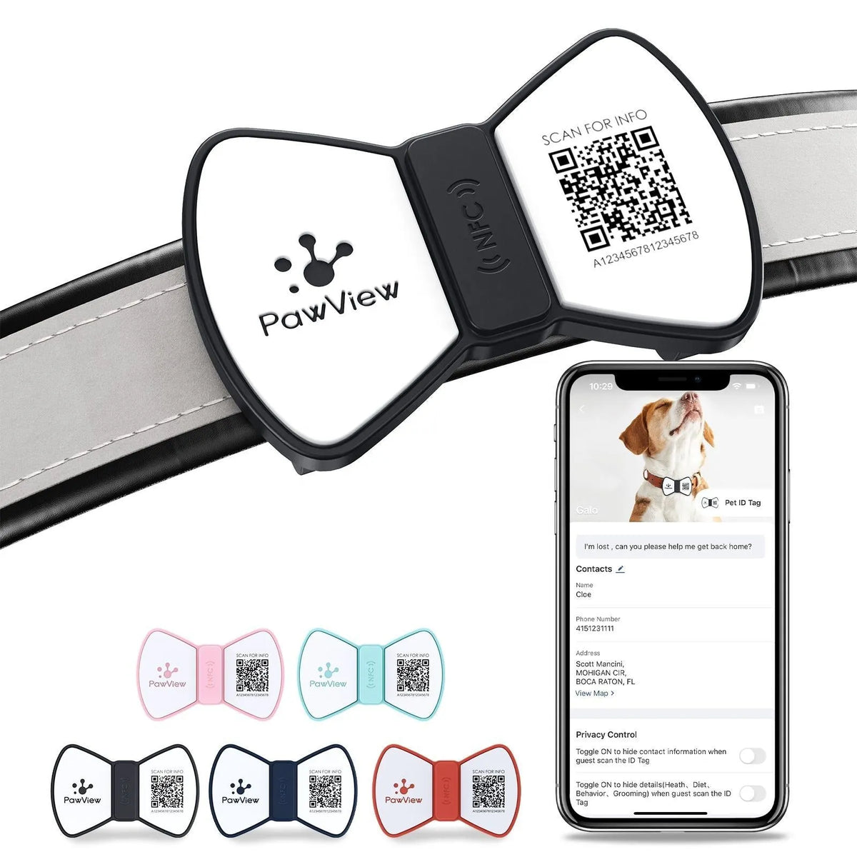 NFC smart QR pet tag in black silicone with printed bowknot pattern, attached to a matching collar on a light background