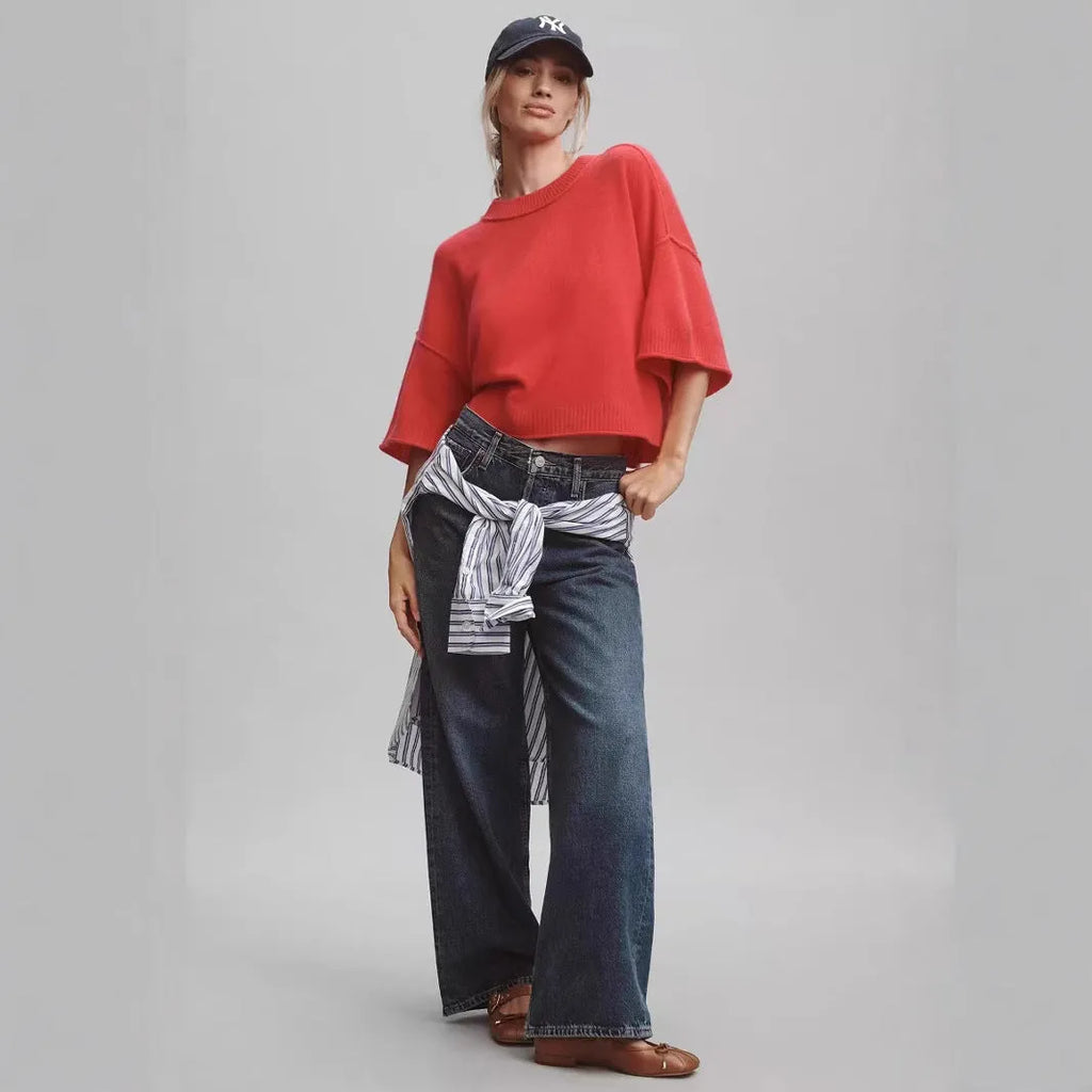 Red short sleeve viscose T-shirt with a cropped hem on a mannequin.
