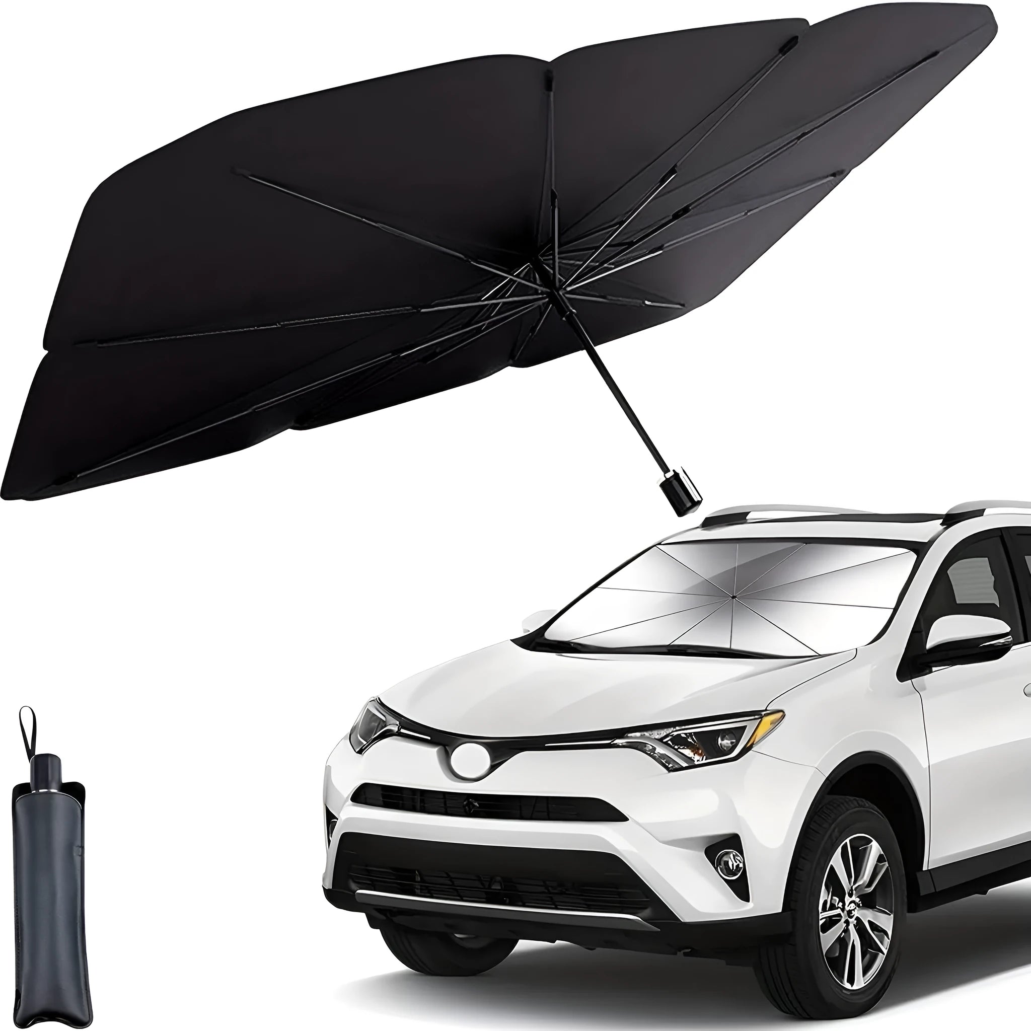Foldable car windshield sunshade umbrella showing open and folded positions