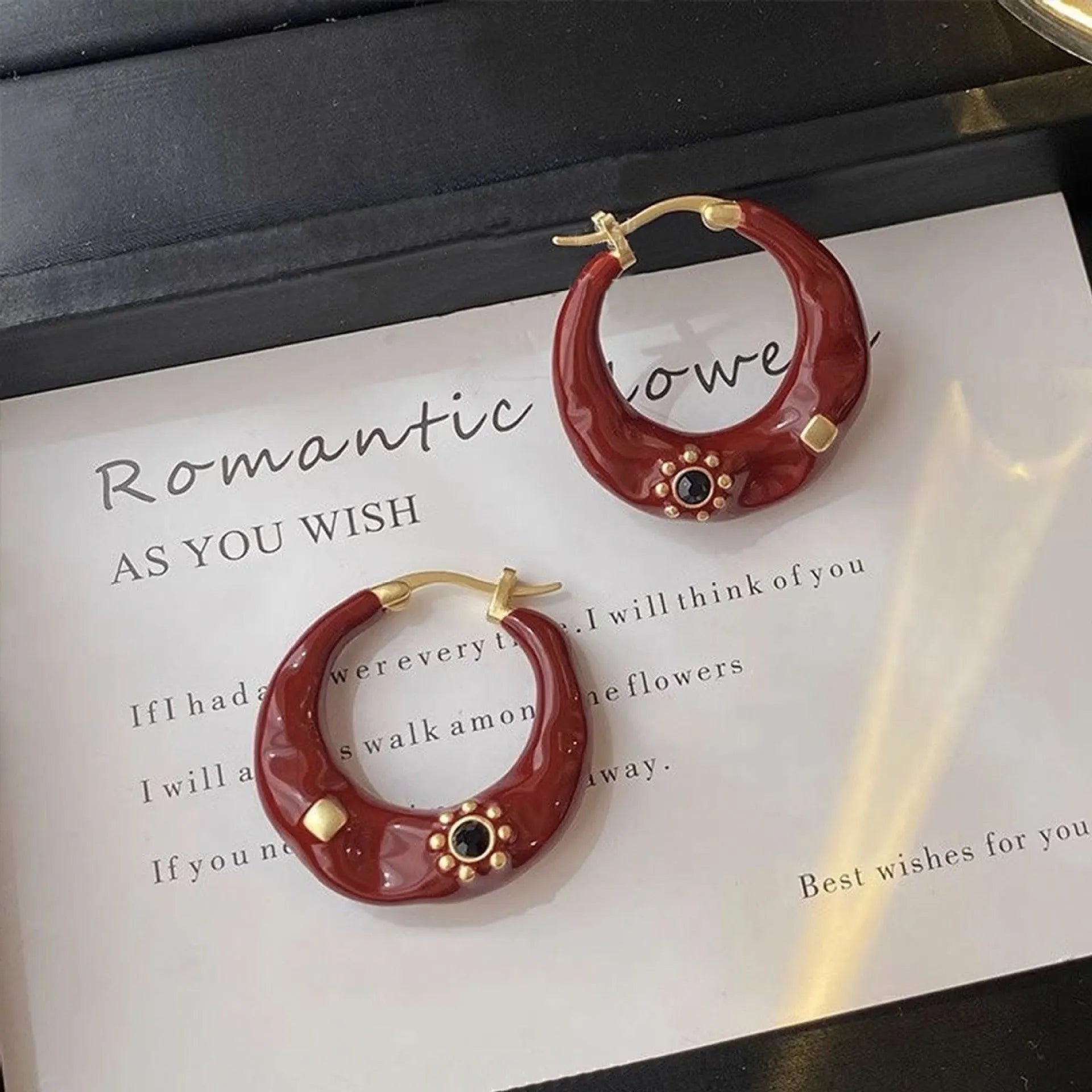 Hong Kong style retro ear studs with rhinestone inlay dripping oil treatment alloy metal earrings