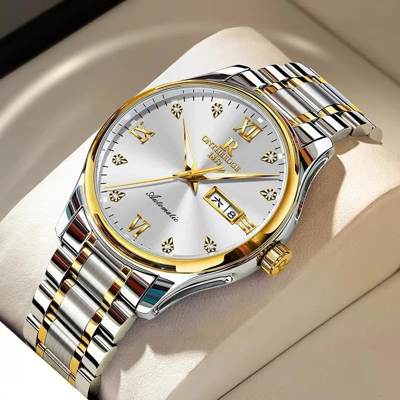 Waterproof luminous business mechanical watch with Swiss movement, stainless steel strap, and mineral glass mirror