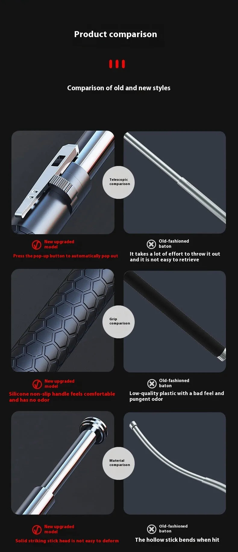 Titanium black automatic spring expandable baton in three sizes: 16-inch, 21-inch, and 26-inch lengths.