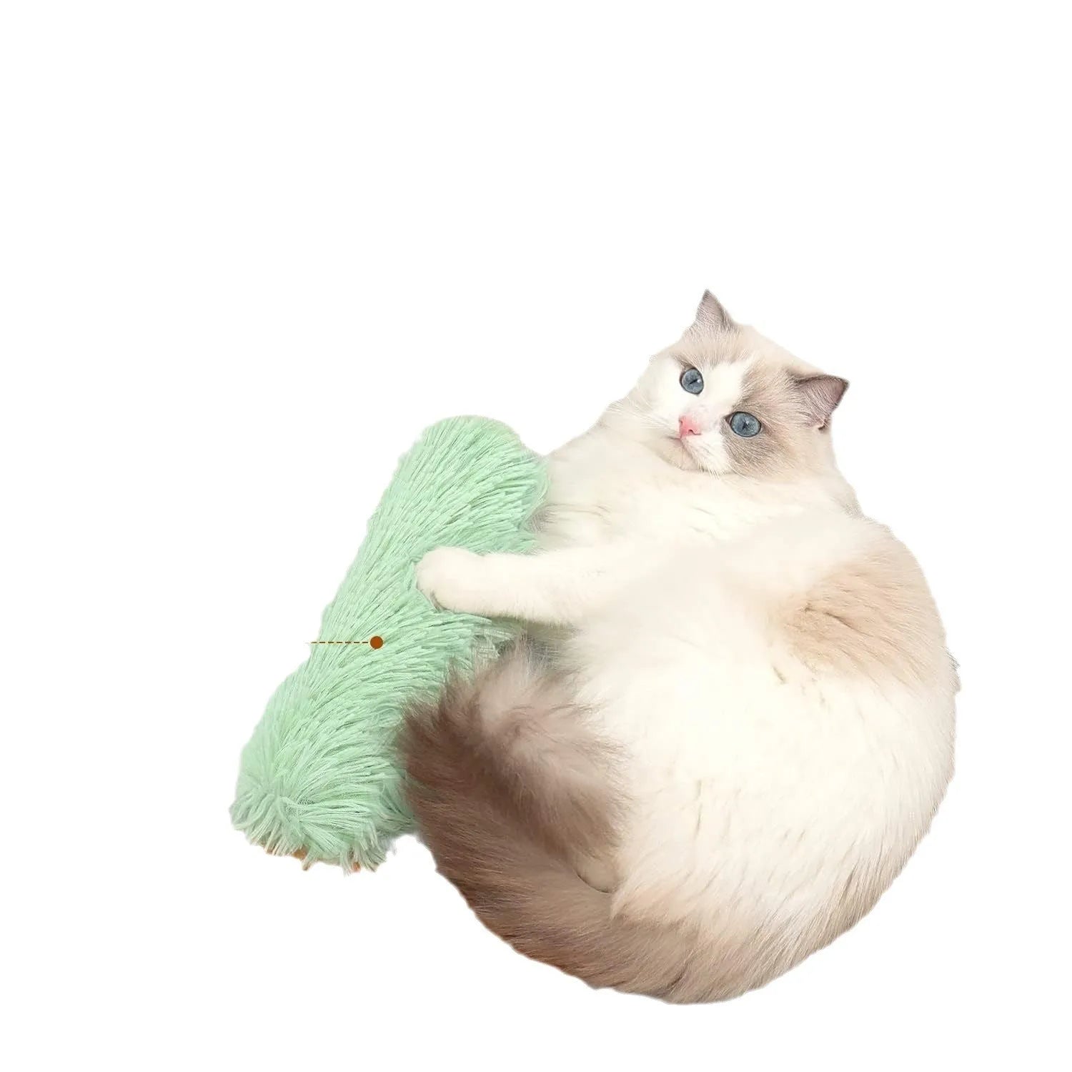 Plush cat toy pillow in green, white, blue, and pink colours measuring 27cm by 10cm