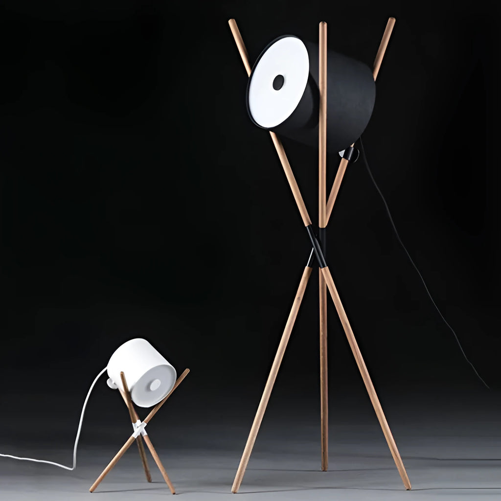 Modern wooden three fork floor lamp with acrylic shade in living room setting