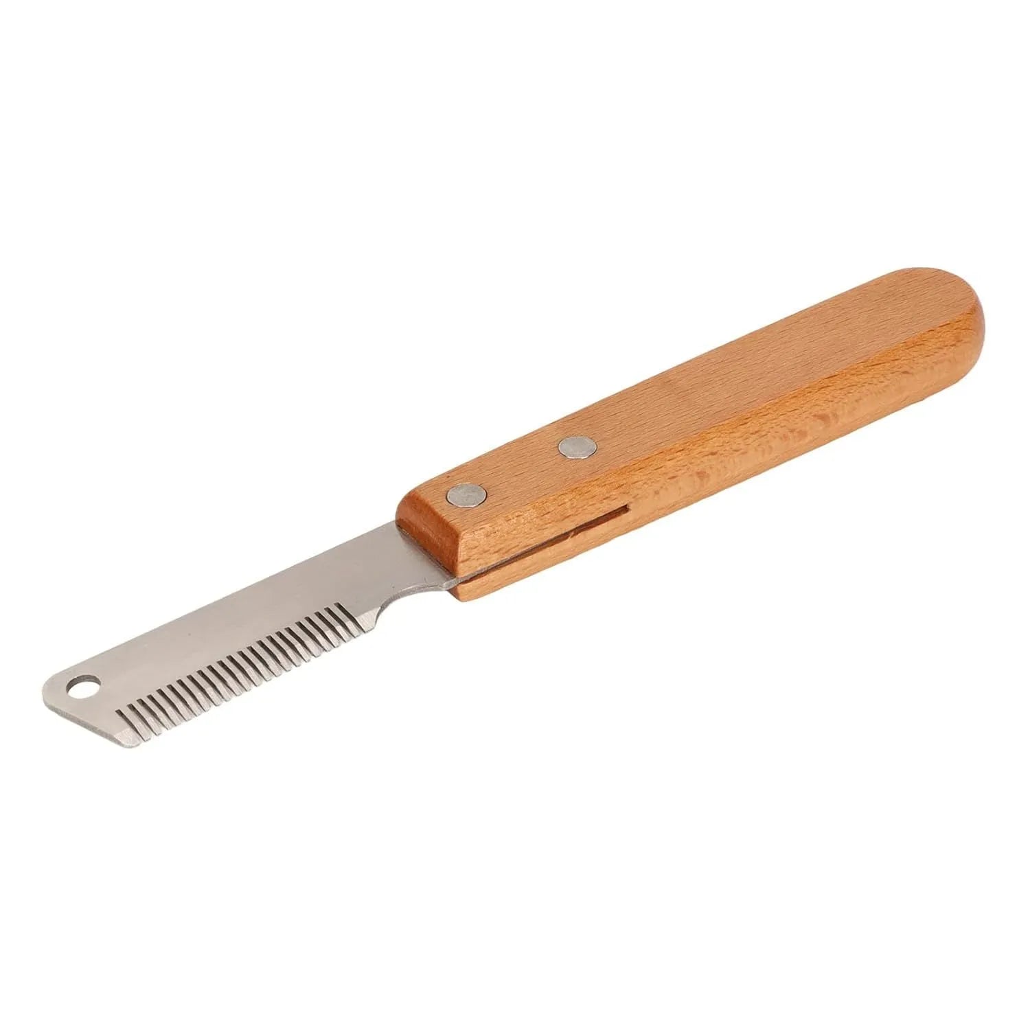 Pet stripping comb grooming tool with a wood handle and metal blade for dogs and cats.