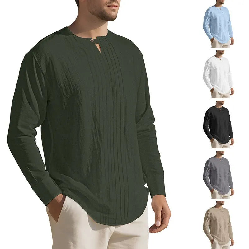 Men's casual long sleeve solid colour linen style top in polyester, available in Black, White, Khaki, Light Gray, Ocean Green, Light Blue