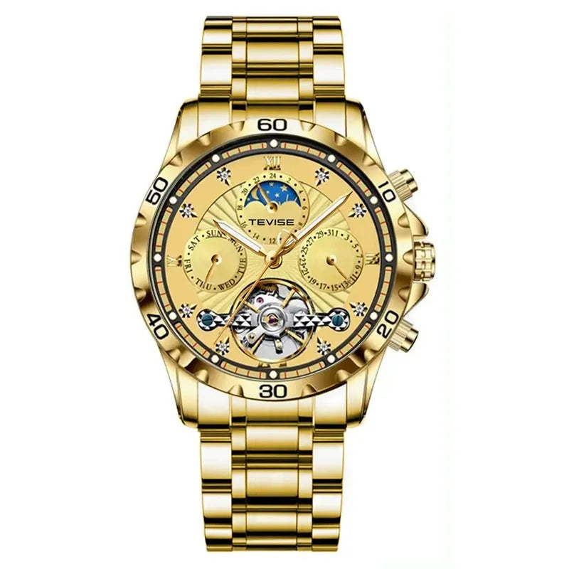 Men's waterproof tourbillon steel belt mechanical watch with black dial and luminous hands on a white background