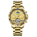 Men's waterproof tourbillon steel belt mechanical watch with black dial and luminous hands on a white background