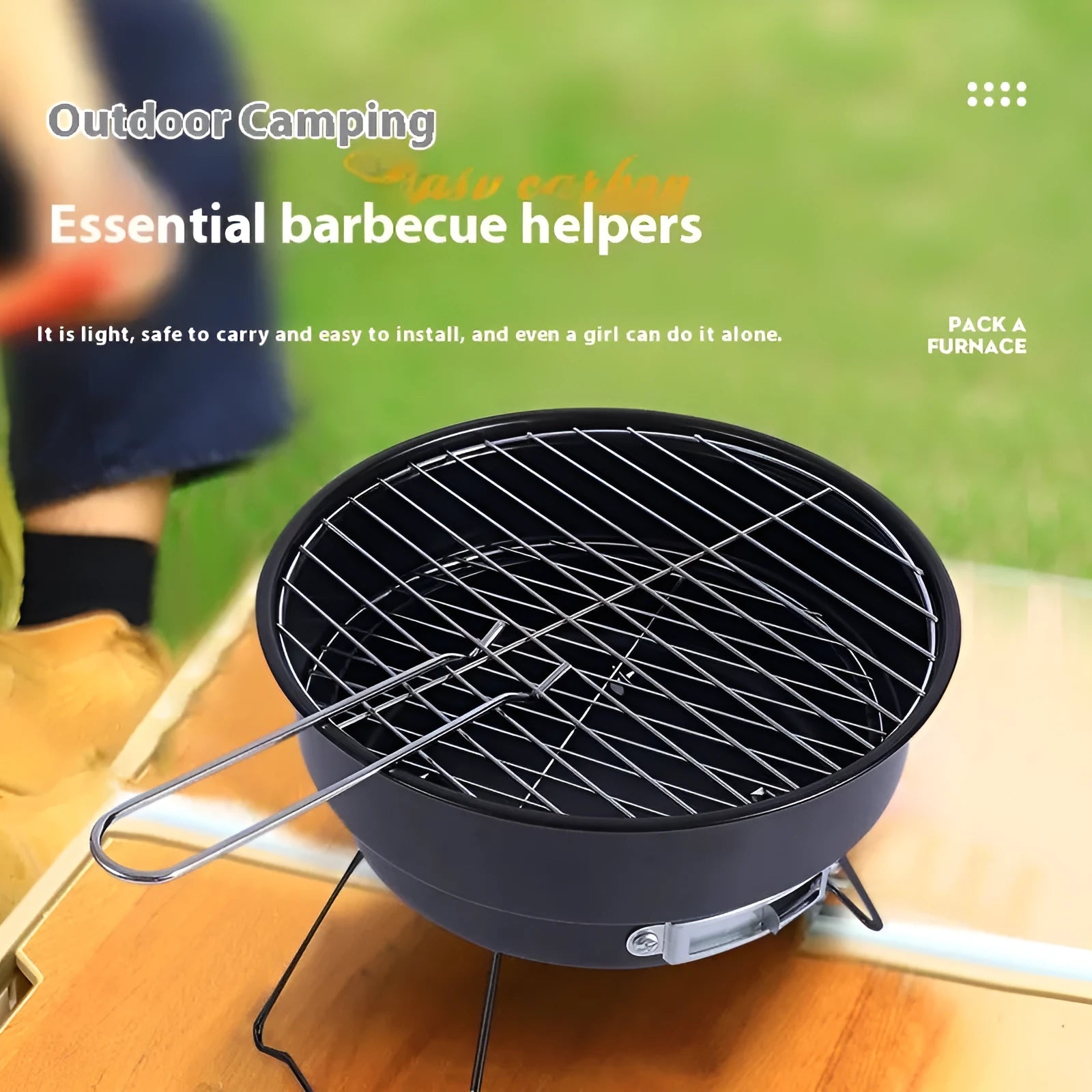 Small folding round ice stove grill set with mesh, legs, and packaging bag