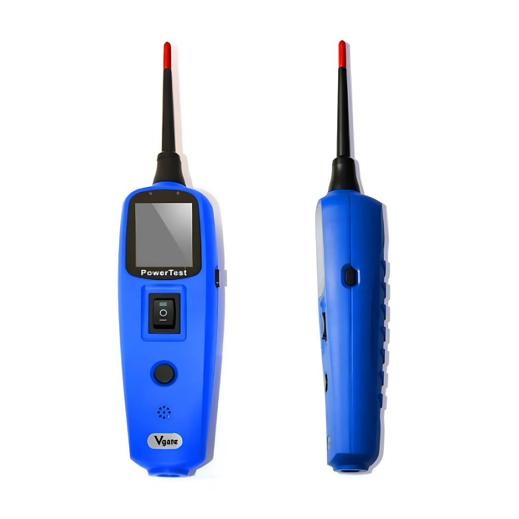 Blue PowerTest PT150 automotive circuit test pen with display screen, cables, clips, and hard case.