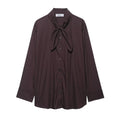 Brown women's poplin shirt with cardigan-style front and bow tie detail, long sleeves and loose fit