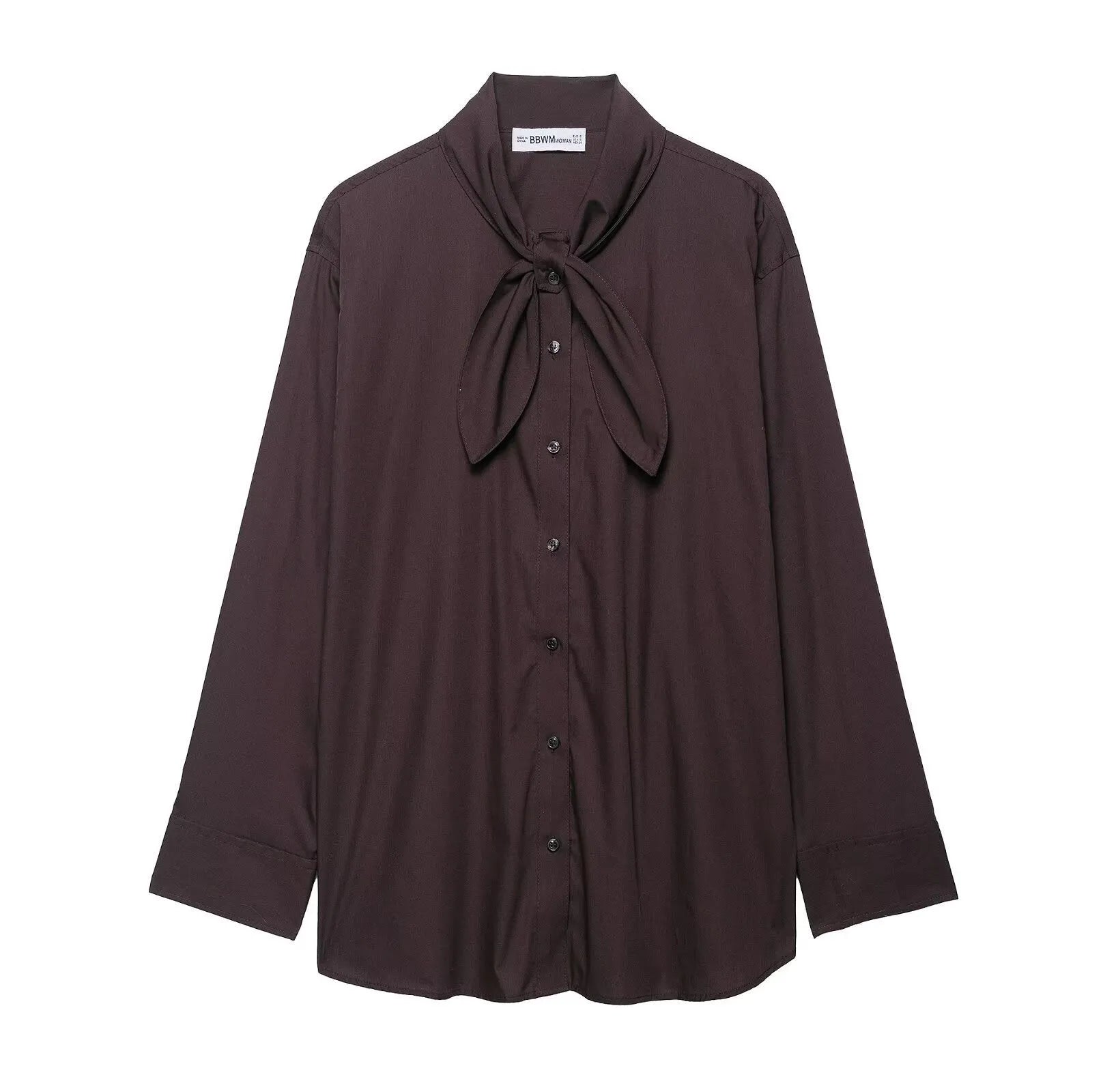Brown women's poplin shirt with cardigan-style front and bow tie detail, long sleeves and loose fit