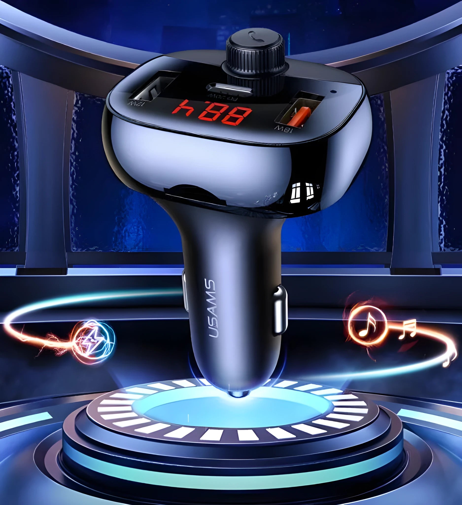 Black Bluetooth receiver car cigarette lighter charger with USB output for 24V vehicles