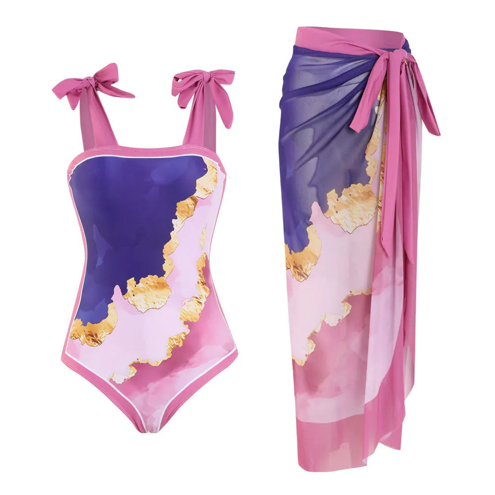Floral pattern one-piece swimsuit with mesh tube top and matching skirt in brown print