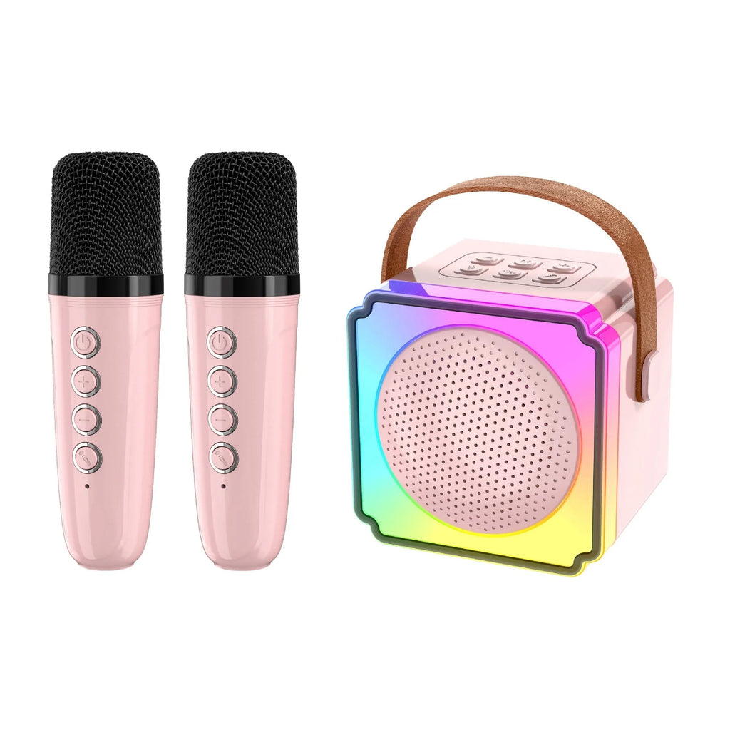 Double microphone karaoke speaker set with USB power and card insertion in creamy-white, pink or light blue