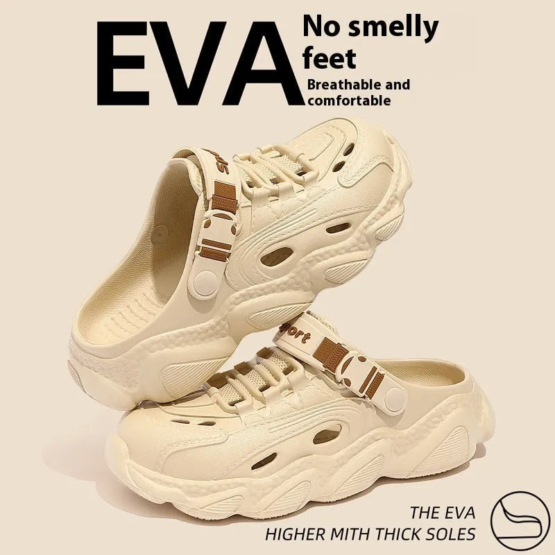 Men's khaki outdoor slippers with hollow out design and textured EVA sole, shown from a side angle.