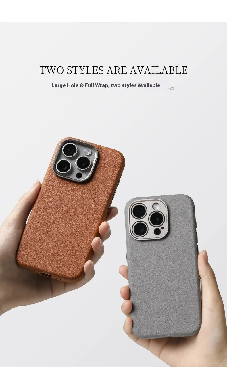 Genuine leather MagSafe iPhone case with integrated metal alloy lens protector in black colour.